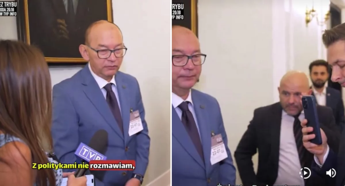 Przemysław Radzik razem z Mariuszem Goskiem podczas udzielania wywiadu TVP Info 