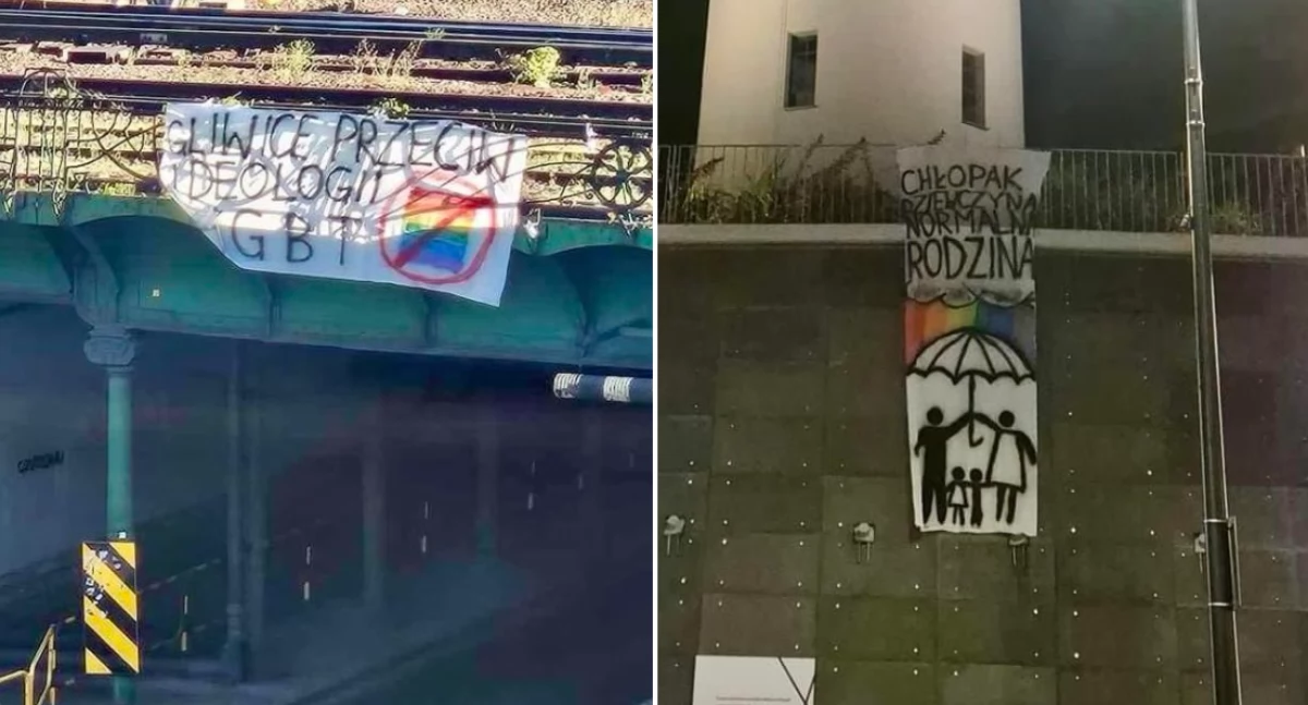 banery atakujące osoby lGBTQ+ zawieszone nielegalnie na wiaduktach i mostach w Gliwicach. Bart Staszewski apeluje o reakcję ministerstwa sprawiedliwości 