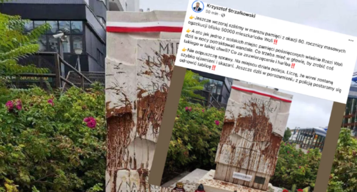 Dewastacja pomnika ofiar masakry ludności cywilnej. Został oblany kawą