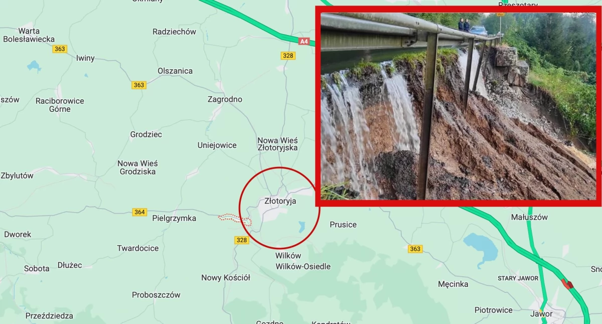 Ziemia osunęła się po awarii wodociągu w Jerzmanicach-Zdroju. Strażacy w akcji