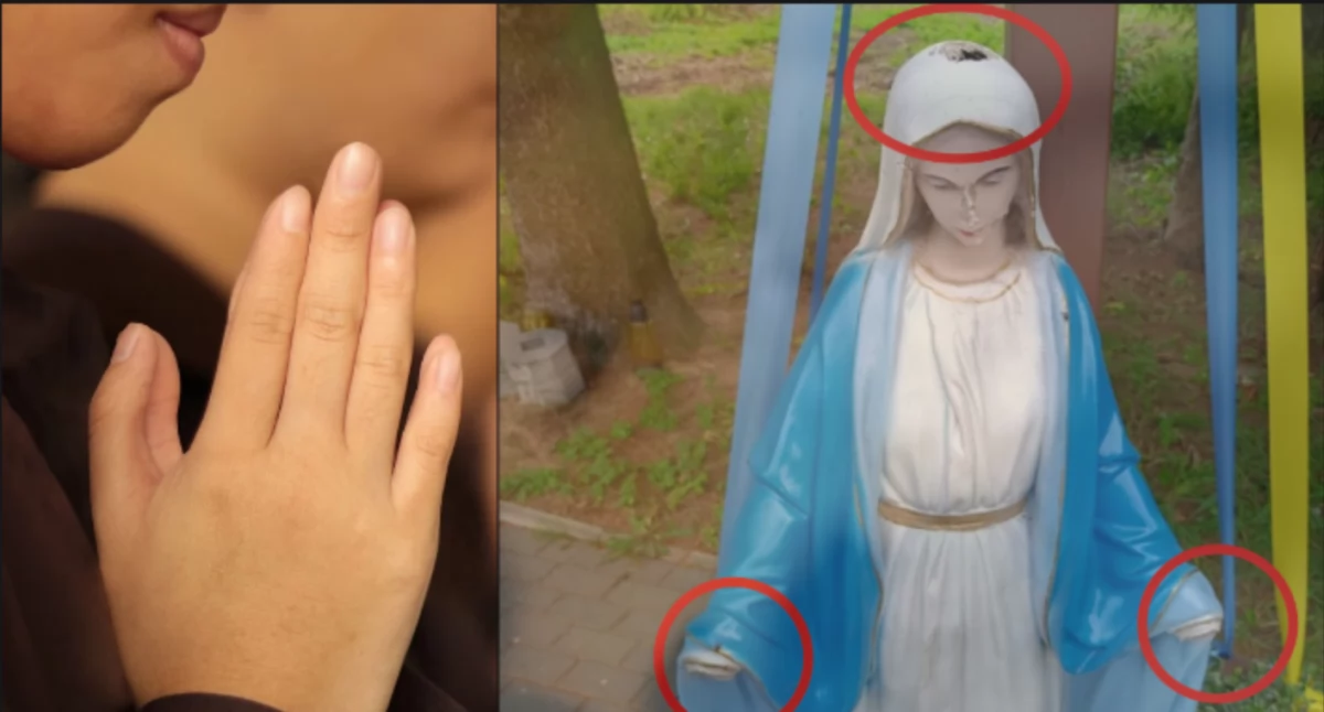 Opiłowany krzyż i Maryja bez oczu. Jezus pocięty szlifierką