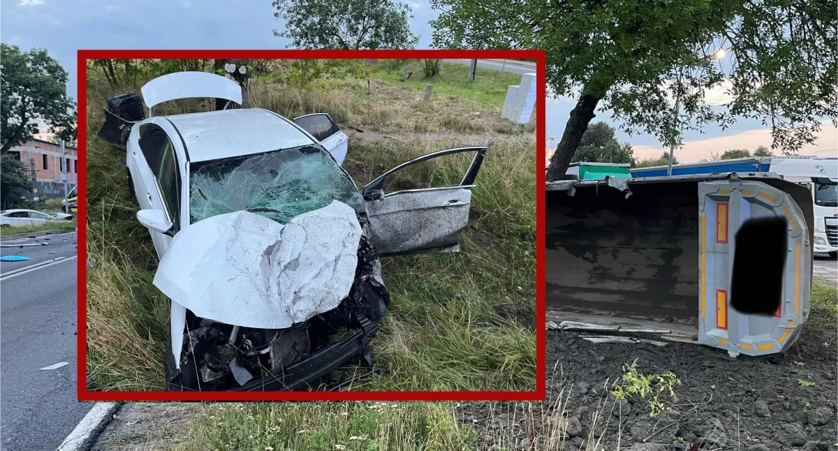 Groźne zderzenie na DK62. Samochód osobowy w rowie, ciężarówka rozbita na drzewie