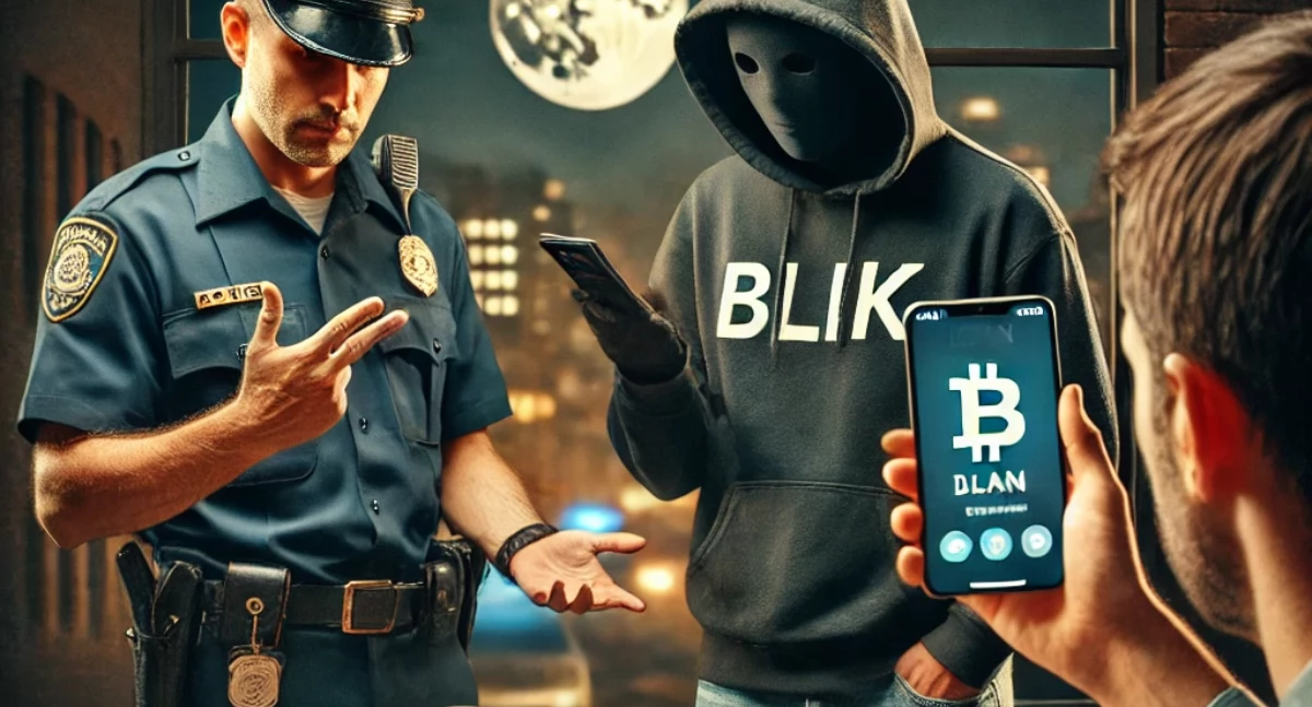 Zdjęcie przedstawia osoby podszywające się pod policjantów. Oszuści na BLIKA i kryptowaluty na Dolnym Śląsku