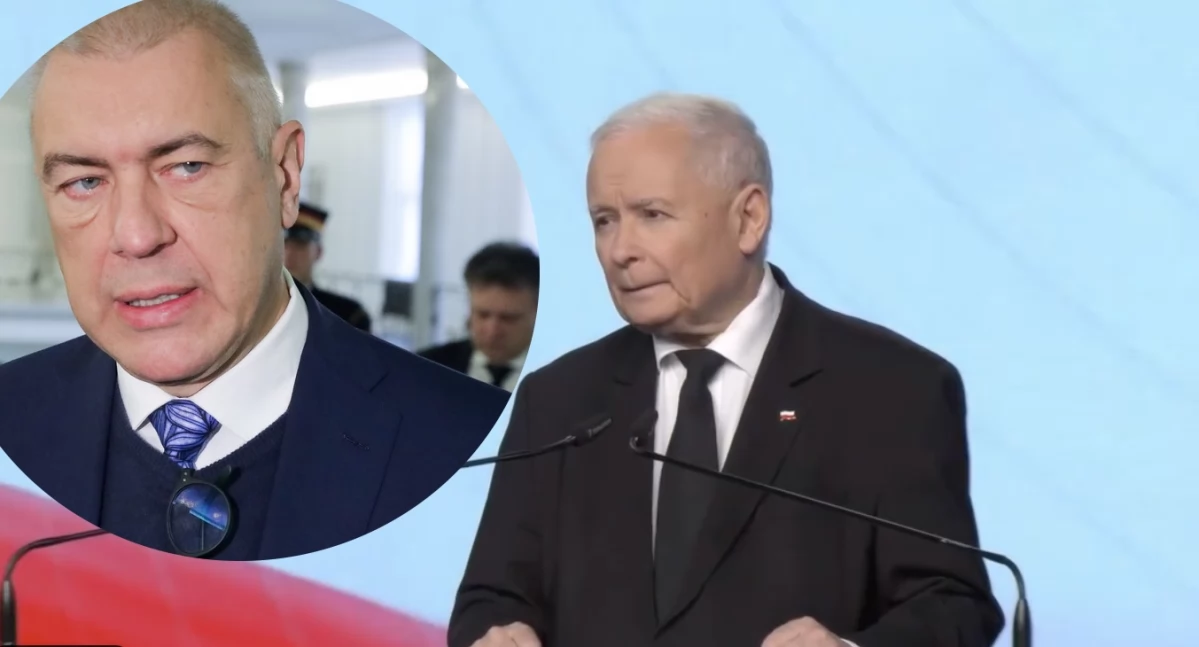 Jarosław Kaczyński podczas konferencji prasowej. Mec. Roman Giertych komentuje decyzję PKW o odrzuceniu sprawozdania finansowego PiS
