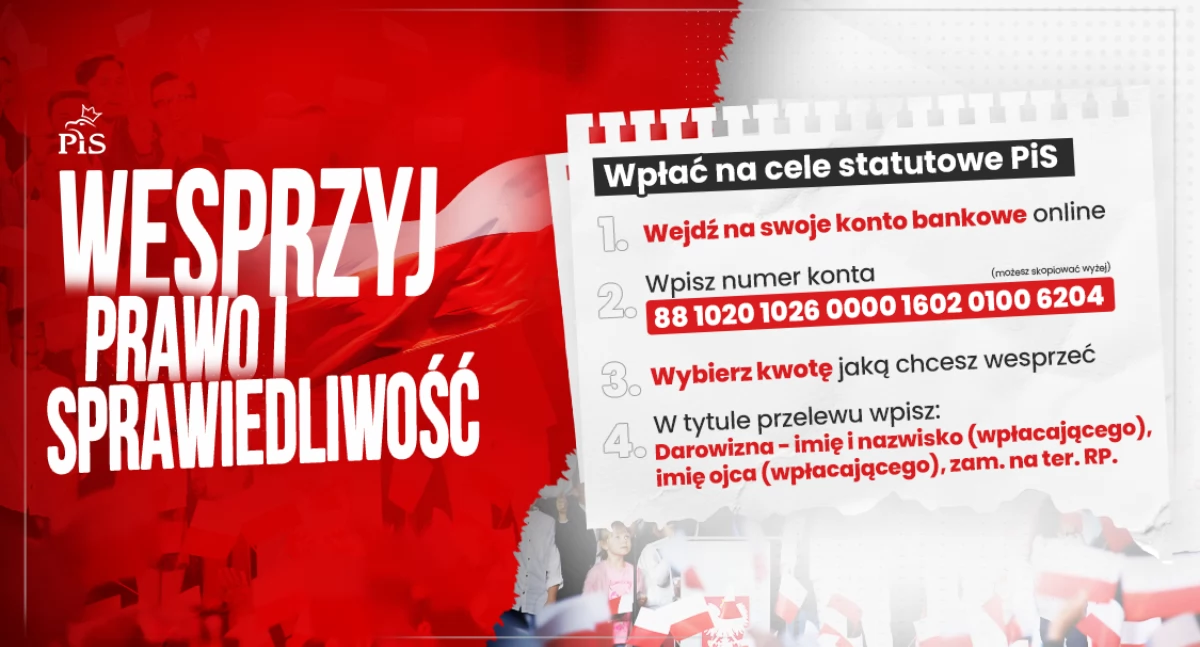 Zdjęcie przedstawia plakat propagandowy PiS z prośbą o wsparcie partii ze strony sympatyków na skutek odebrania subwencji