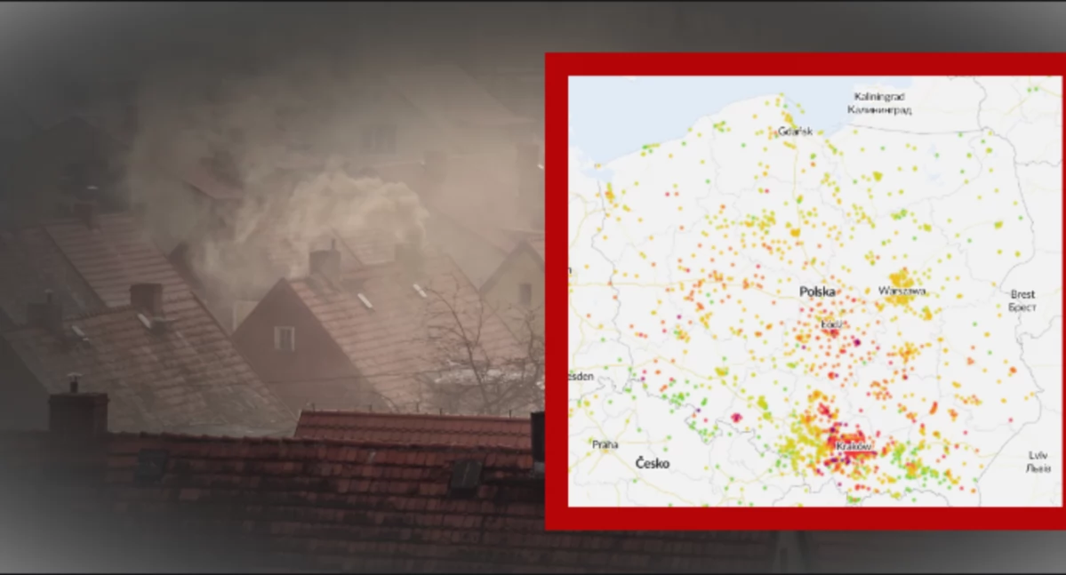 Mapa przedstawia miejsca z najsłabszą jakością powietrza w Polsce