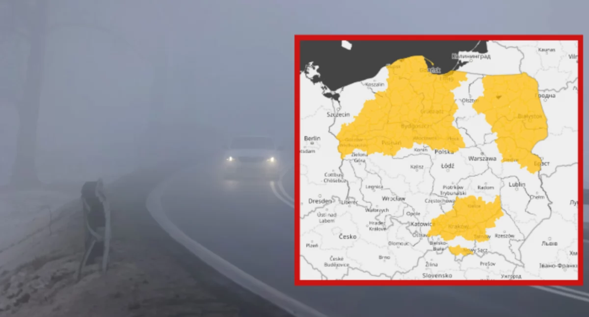 Zdjęcie mapy z ostrzeżeniem I stopnia przed gęstą mgłą dla 13 województw