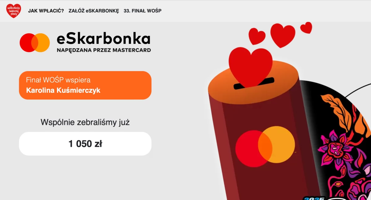 Screen e-skarbonki Karoliny Kuśmierczyk, która zbiera pieniądze dla WOŚP 