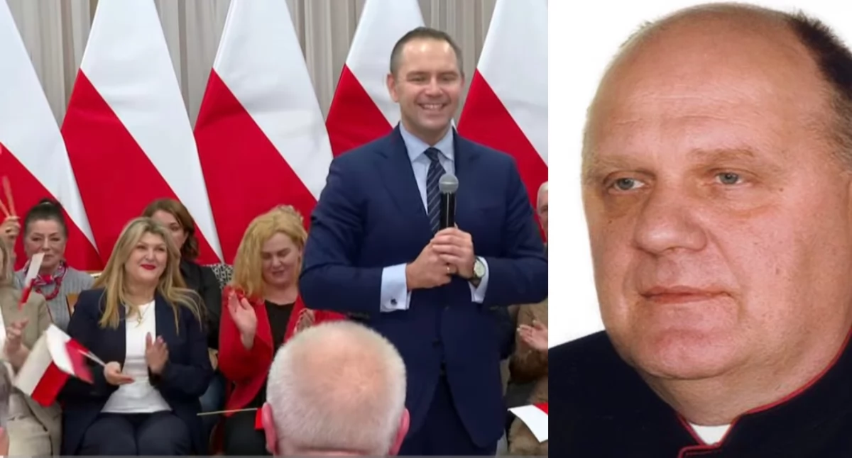 Na zdjęciu kapelan ks. Jan Jóźwiak, który namawiał podczas spotkania wyborczego Karola Nawrockiego do pobicie profesora Antoniego Dudka 