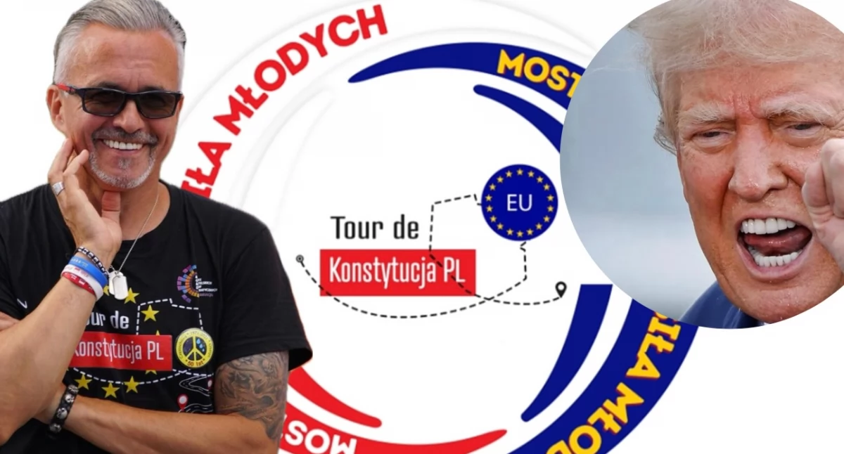 Na zdjęciu Robert Hojda – organizator Tour de Konstytucja. Obok Donald Trump, który wstrzymał finansowanie projektu dla szkól w Polsce