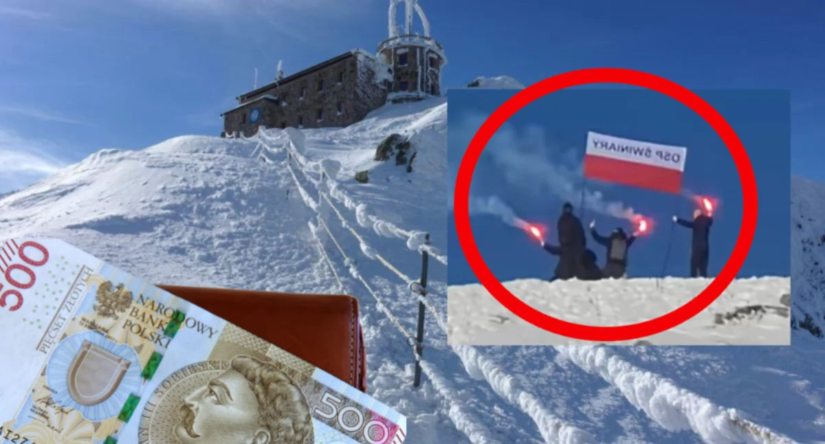 Zdjęcie z momentu odpalenia rac na szczycie Kasprowego Wierchu. Kibice ukarani mandatem