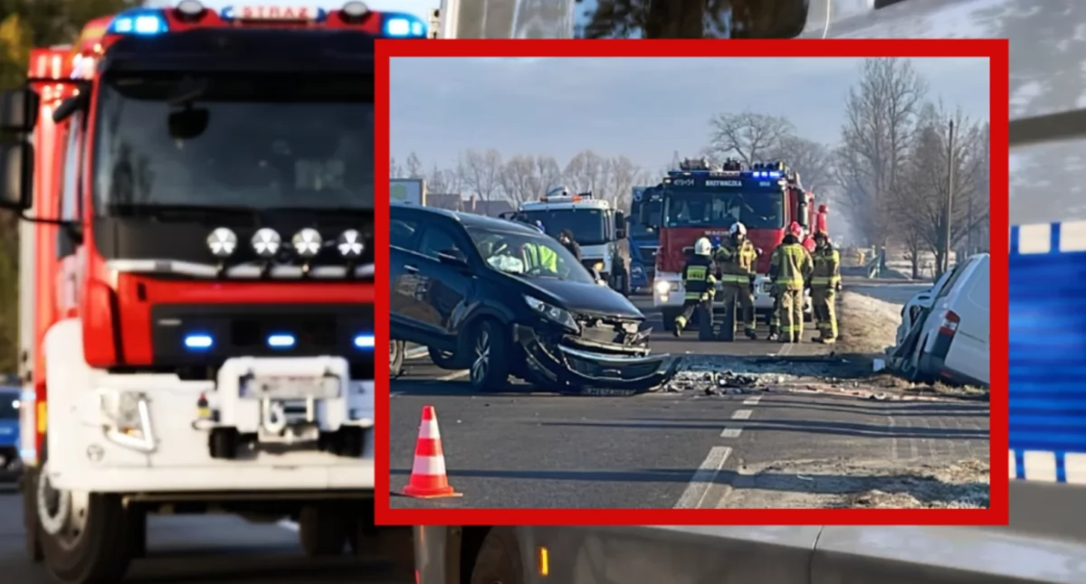 Zdjęcie z miejsca wypadku na drodze DK52. Osoby poszkodowane zostały przewiezione do szpitala
