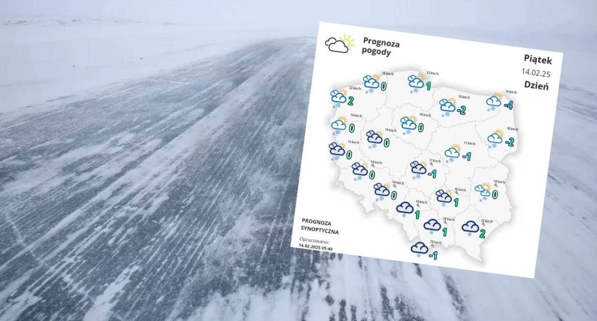 Zdjęcie mapy pogodowej na piątek 14.02. Ostrzeżenie IMGW dla 9 województw – oblodzone chodniki i drogi