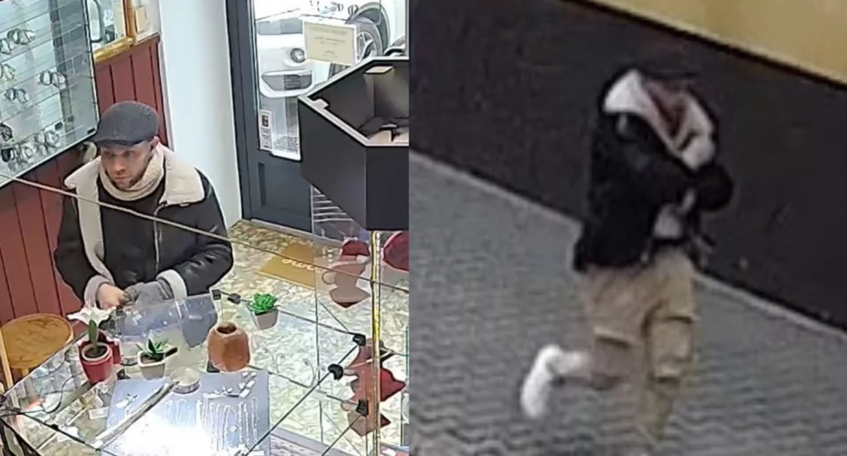 Zdjęcie z monitoringu poszukiwanego mężczyzny za kradzież biżuterii w Kętach i Brzeszczach. Policja apeluje o pomoc w identyfikacji mężczyzny