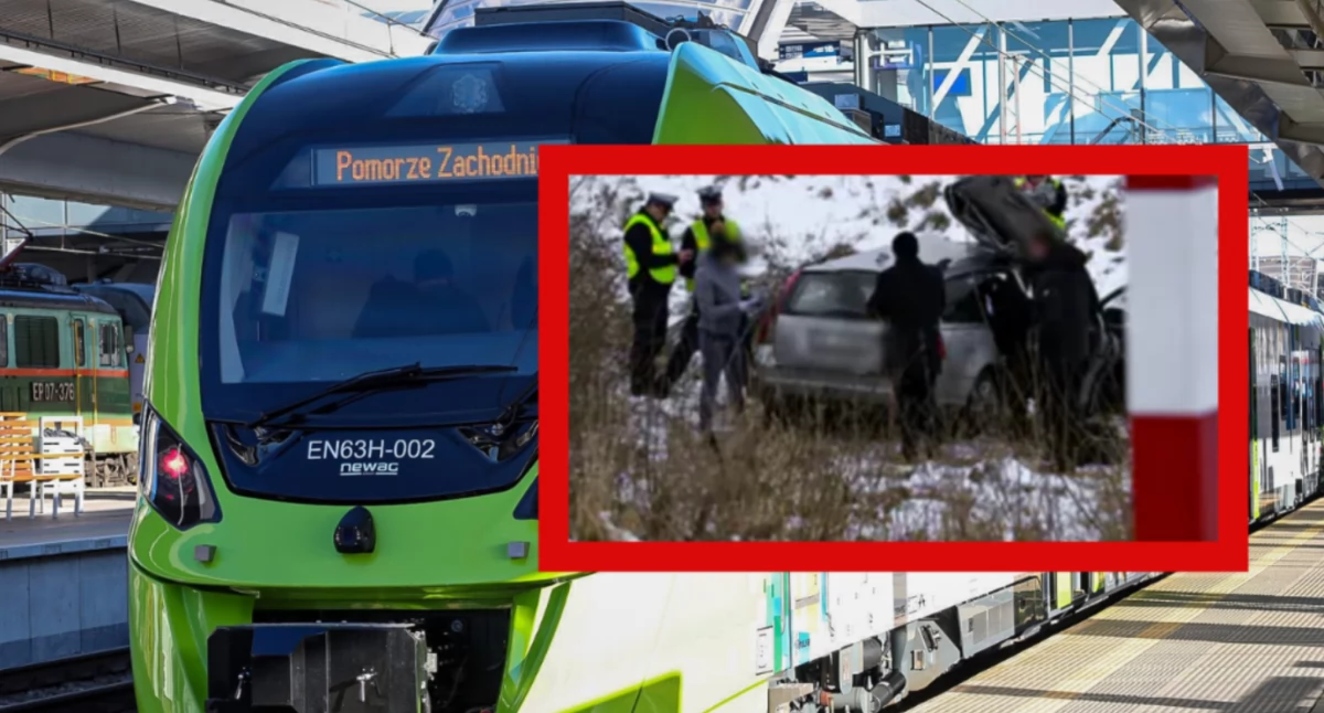 Zdjęcie z miejsca zderzenia pociągu z samochodem osobowym w Łeknie. Nie żyje 44-letni mężczyzna, który nie posiadał uprawnień do prowadzenia samochodu