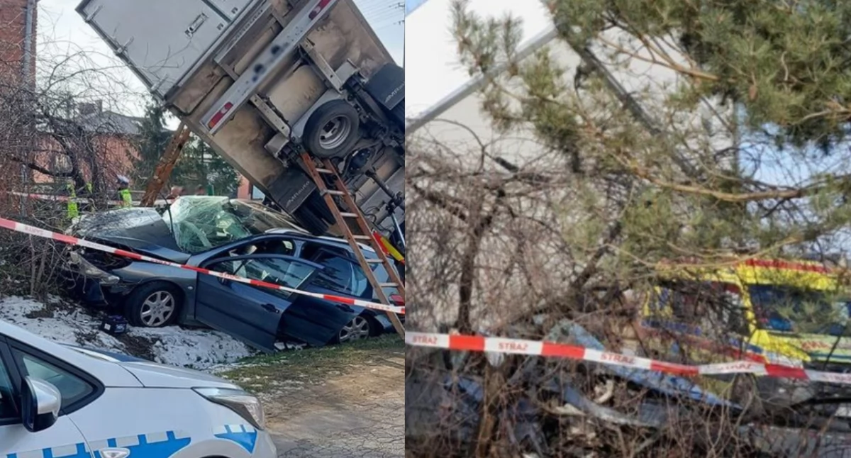 Zdjęcie z miejsca wypadku na skrzyżowaniu w Ambrożewie. Kobieta zignorowała znak STOP, 4 osoby zostały ranne