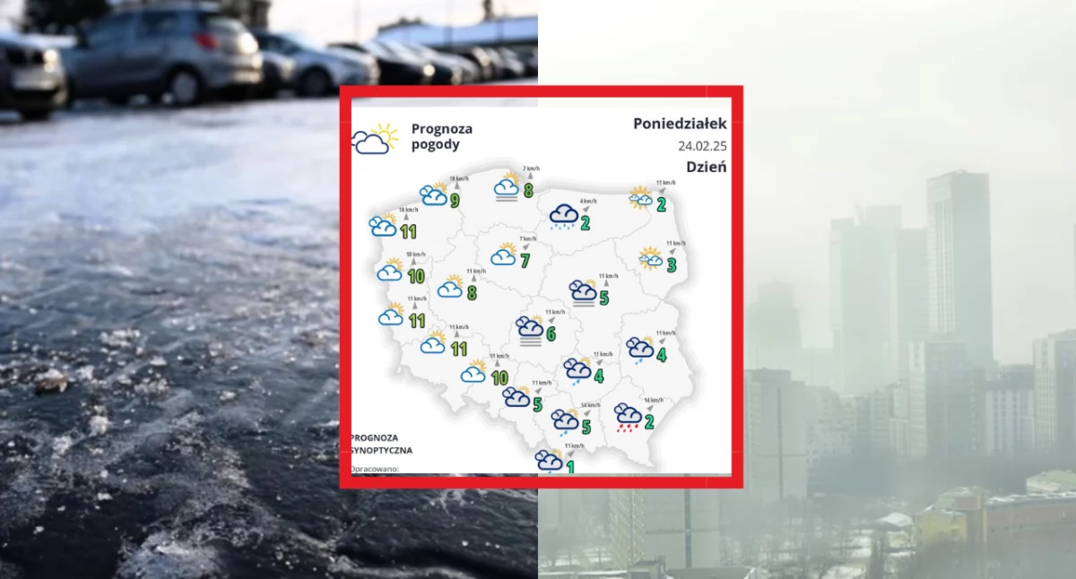 Zdjęcie mapy pogodowej w Polsce. Gęsta mgła i oblodzenie – alerty I stopnia dla kierowców i pieszych