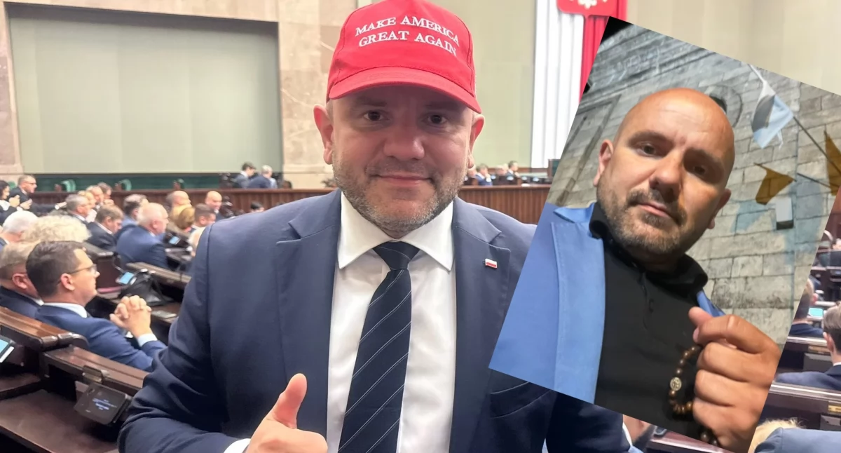 Mariusz Gosek z różańcem na tle kościoła modli się o opiekę do papieża Jana Pawła II, czym pochwalił się w sieci 