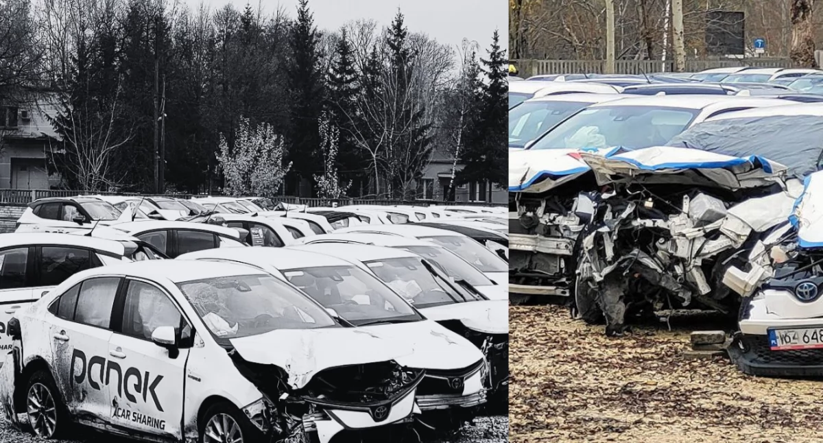 Zdjęcie zniszczonych samochodów na minuty firmy Panek. Firma zawiesza działalność z powodu wysokich kosztów