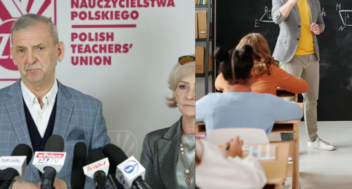 Zdjęcie prezesa ZNP Sławomira Broniarza oraz wiceprezesa ZG ZNP Urszuli Woźniak. Domagają się natychmiastowych podwyżek dla nauczycieli
