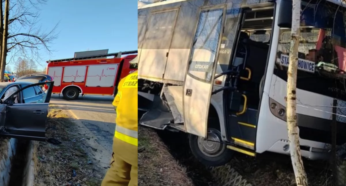 Zdjęcie akcji ratunkowej w Rzepinku. Doszło tam do zderzenia autobusu szkolnego z osobówką – są ranni