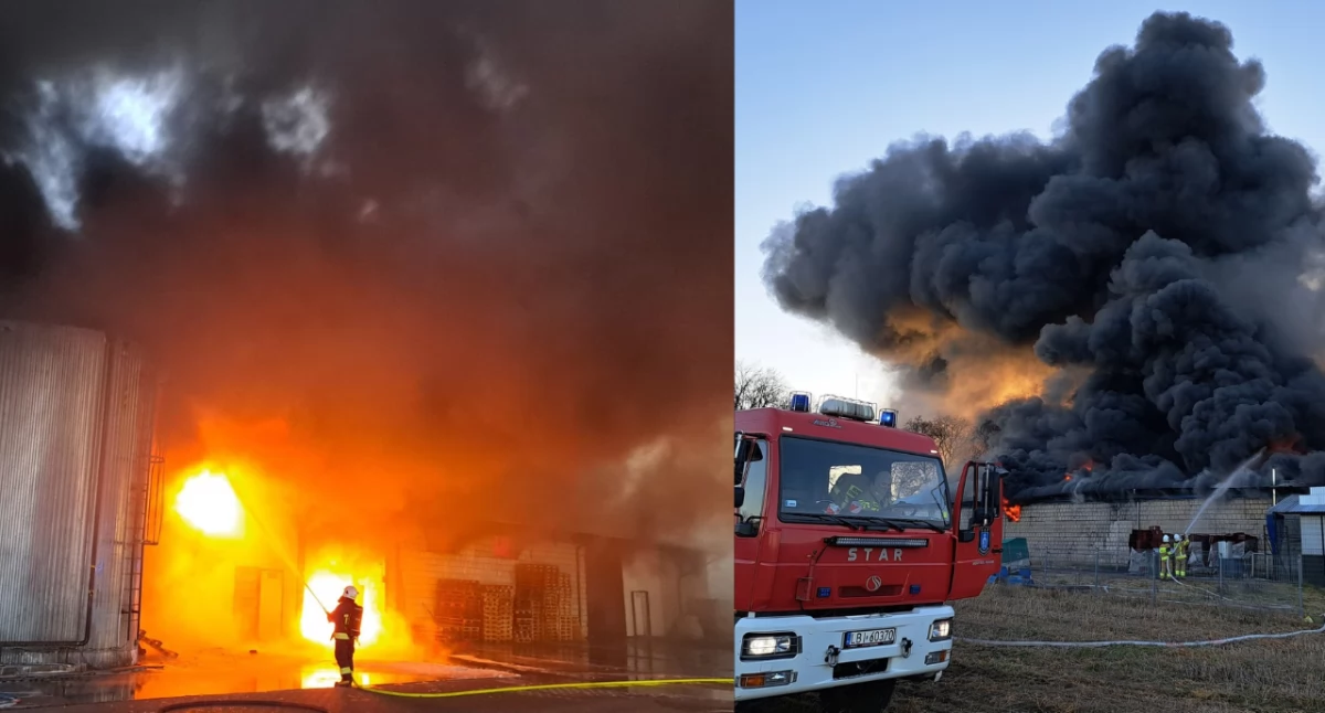 Zdjęcie z akcji gaśniczej fabryki zniczy w miejscowości Manie. Podczas gaszenia ognia jeden ze strażaków zasłabł