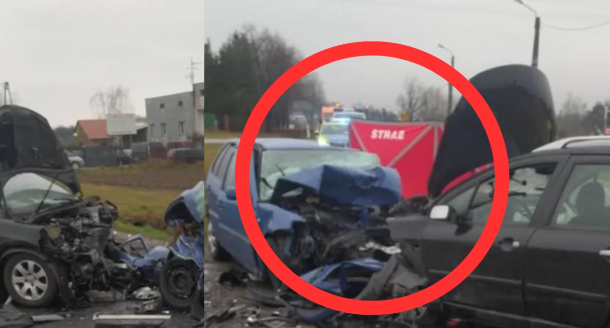 Zdjęcie z miejsca wypadku w miejscowości Rajec Szlachecki. Mężczyzna z niewiadomych przyczyn zjechał na przeciwny pas uderzając w jadący samochód – zginął na miejscu