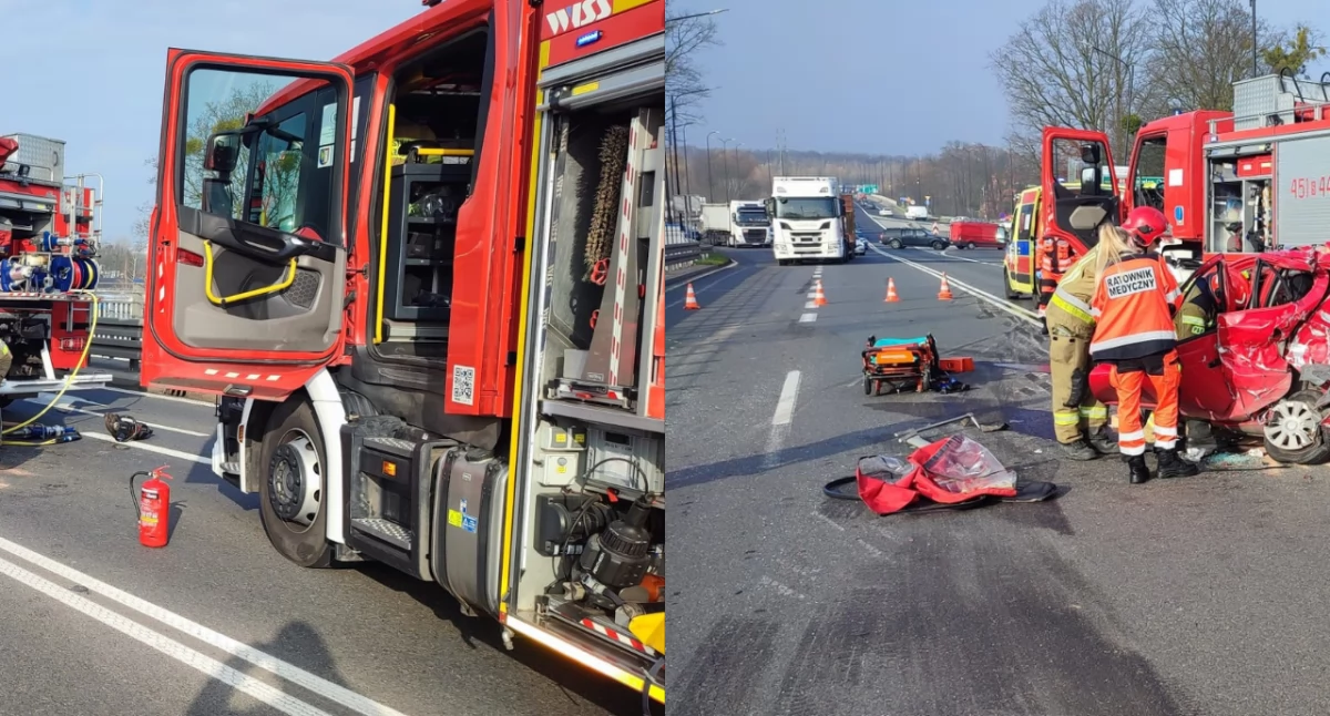 Zdjęcie z miejsca wypadku na DK88 w Gliwicach. Akcja ratunkowa kobiety zakleszczonej w samochodzie