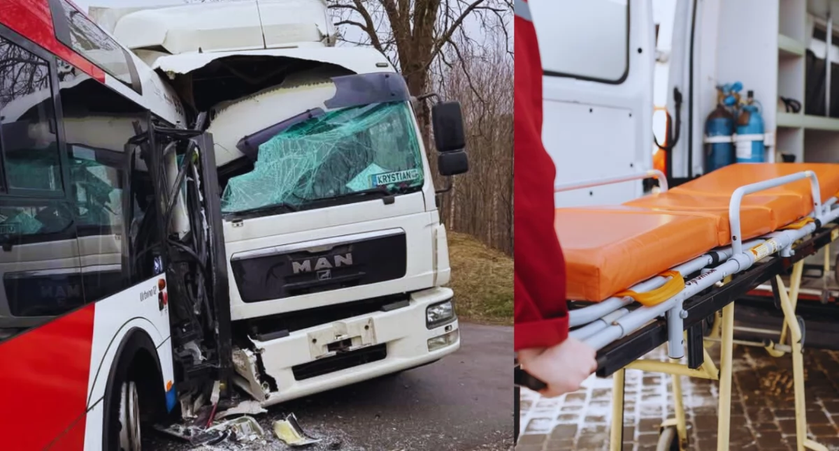 Zdjęcie z miejsca wypadku w Ługwałdzie. Czołowe zderzenie autobusu z tirem – cztery osoby ranne