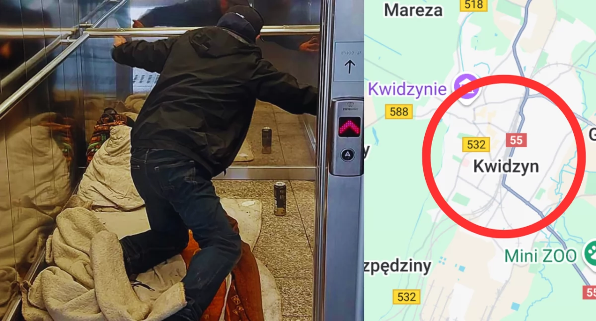 Bezdomny zamieszkał w windzie przy dworcu PKP w Kwidzynie