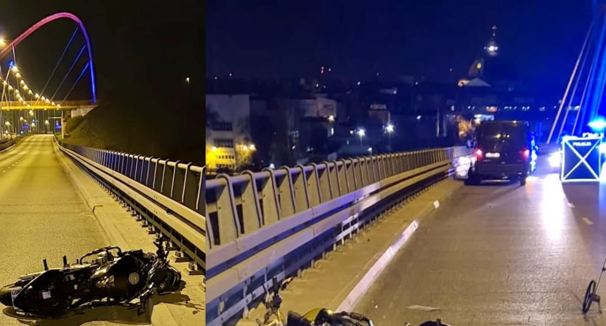 Zdjęcie z miejsca wypadku w Bydgoszczy. Motocyklista nie dostosował prędkości i uderzył w barierki – poniósł śmierć na miejscu