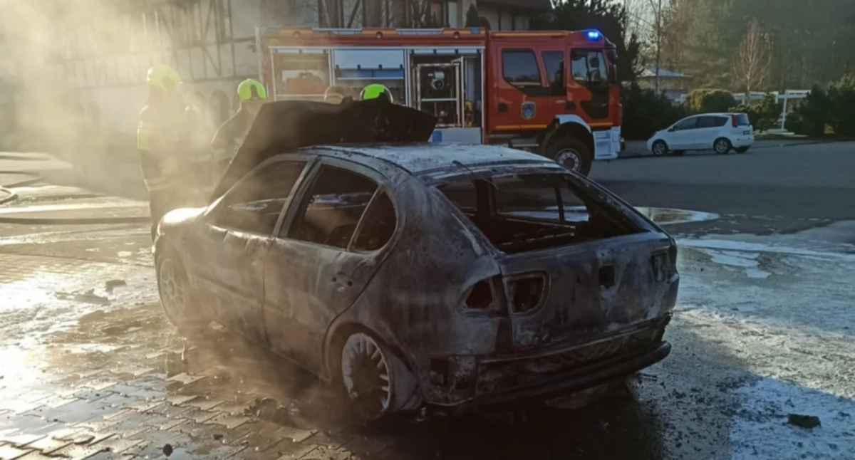 Zdjęcie przedstawia samochód Seat Leon, w którym spalił się mężczyzna samobójca, fot. KP PSP w Łowiczu