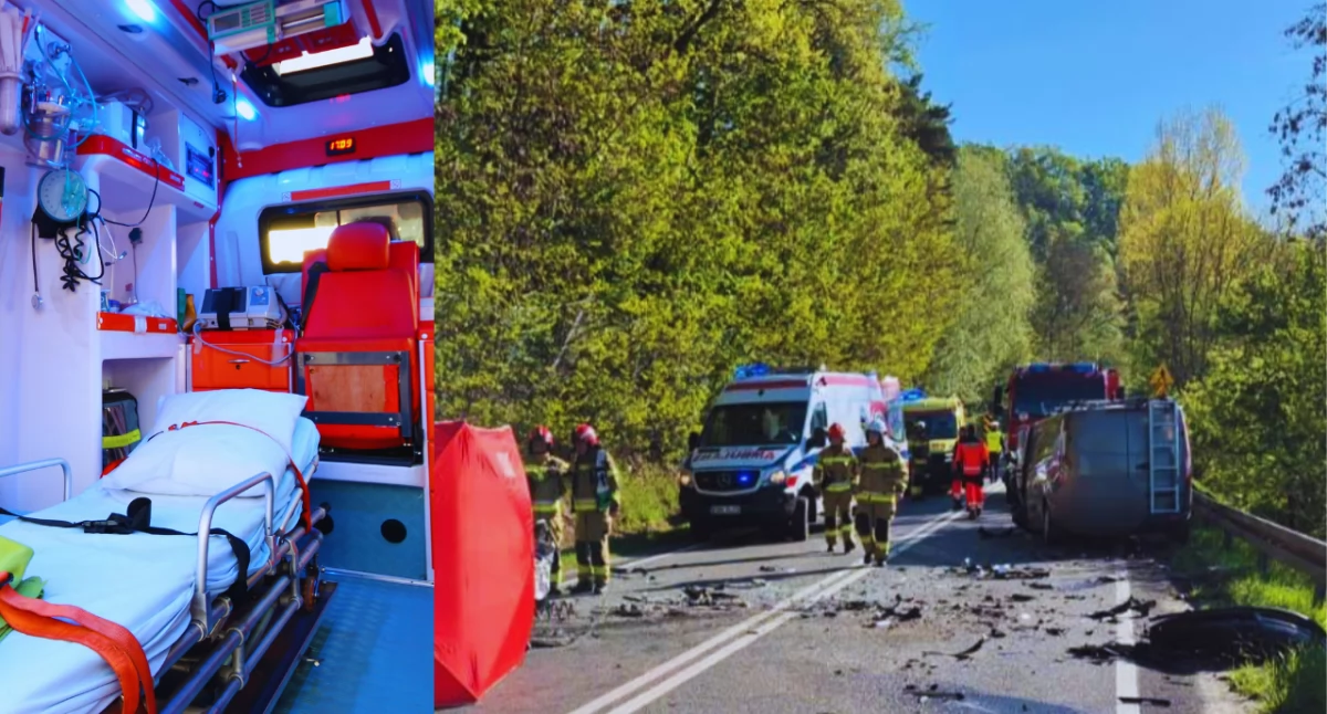 Zdjęcie z miejsca wypadku na drodze krajowej nr75. Jedna ofiara śmiertelna – droga całkowicie zablokowana