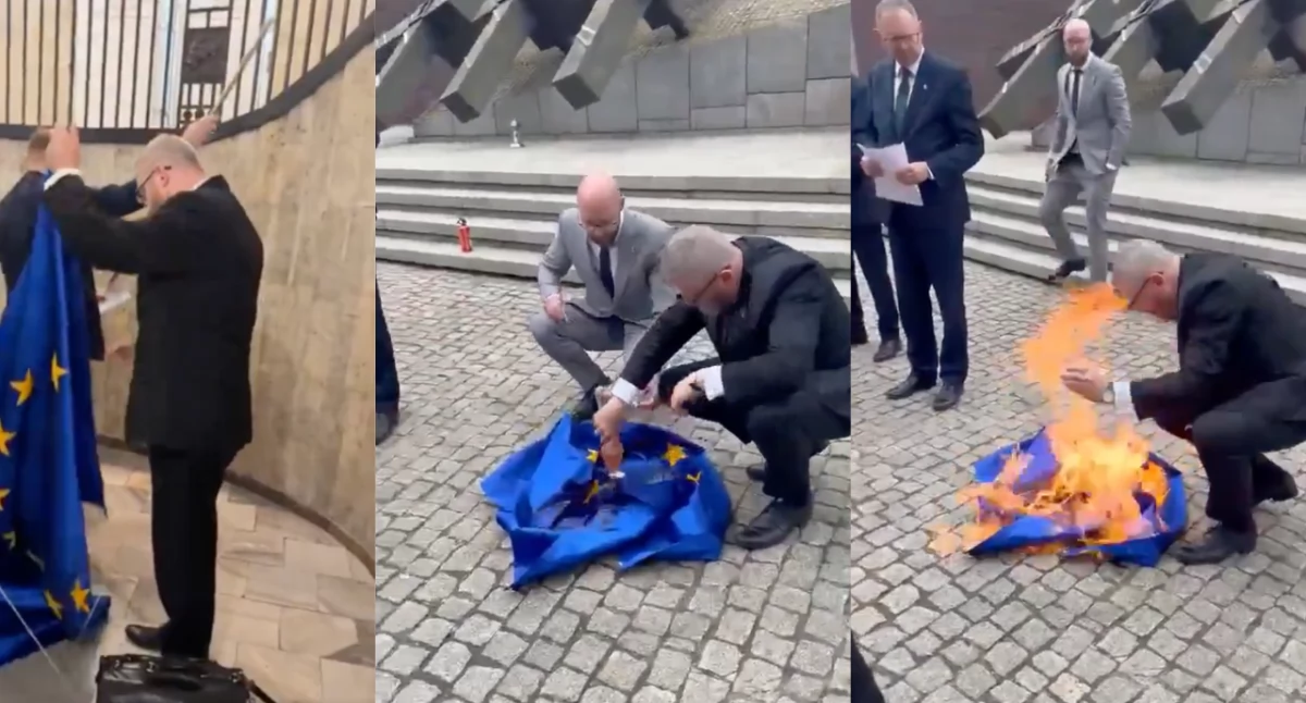 Zdjęcie Grzegorza Brauna, który podpalił flagę UE