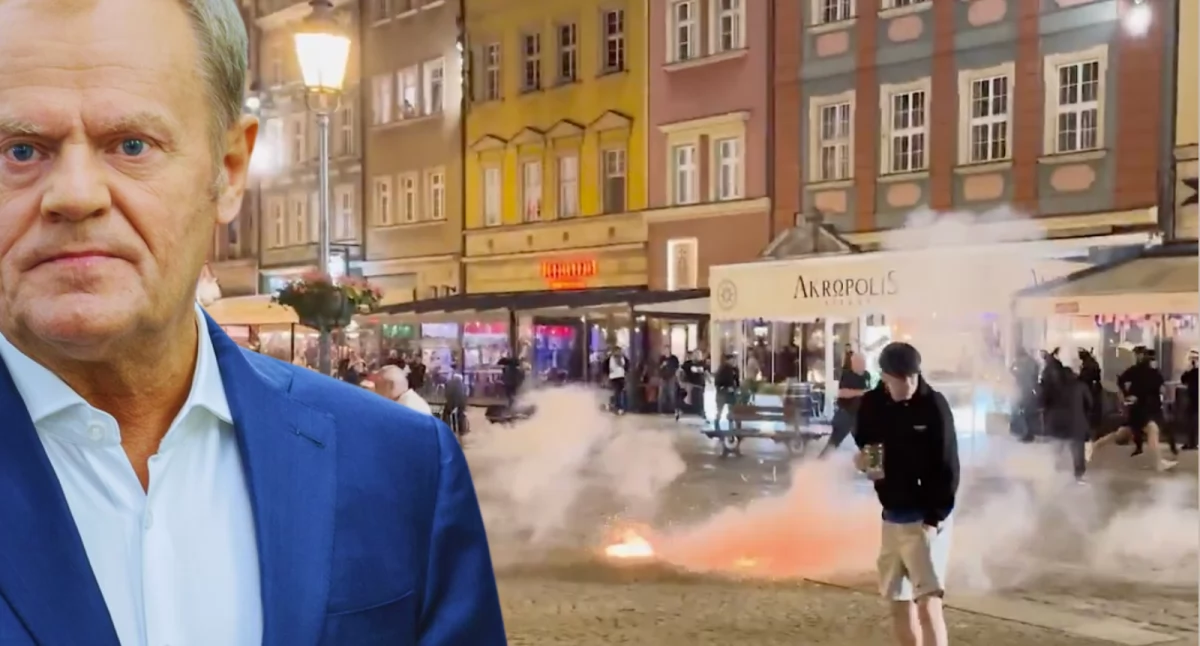 Zdjęcie z zamieszek we Wrocławiu. Tusk ostro krytykuję zachowanie kibiców 
