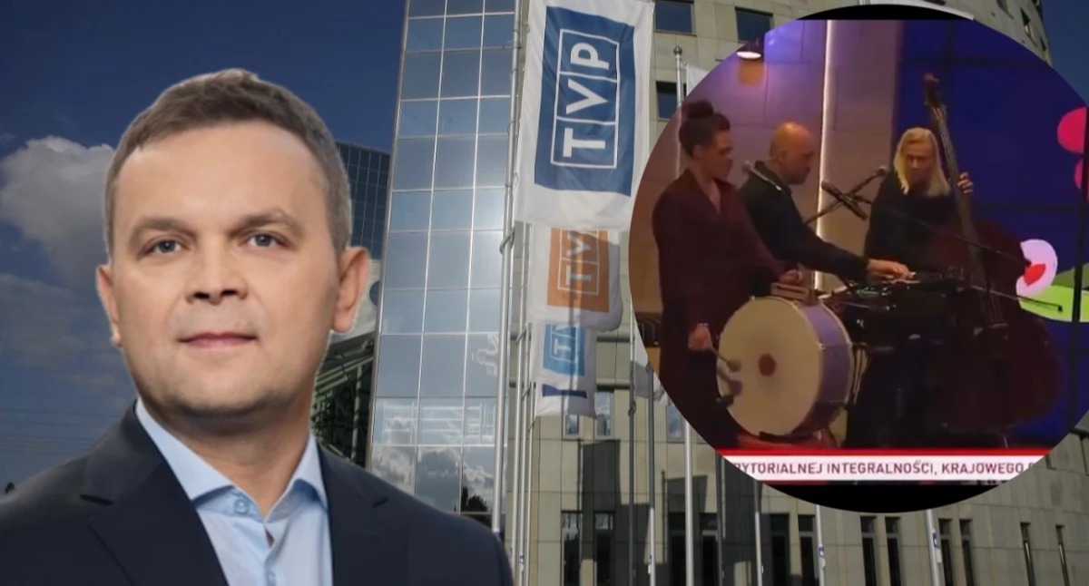 Tomasz Sygut – prezes Telewizji Polskiej na tle siedziby stacji i kadr z programu publicystycznego 