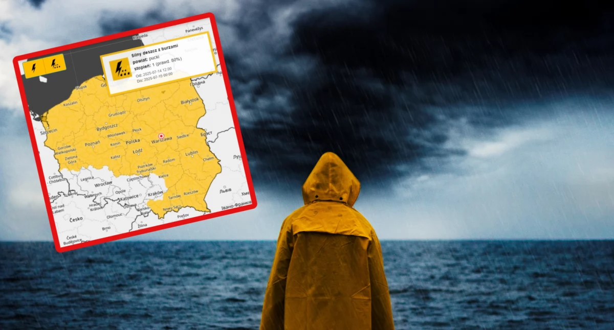 Zdjęcie mapy pogodowej w Polsce. IMGW ostrzega przed burzami i opadami deszczu