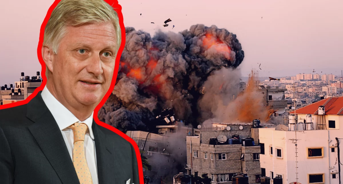 Król Belgii Filip I na tle bombardowanej Strefy Gazy 