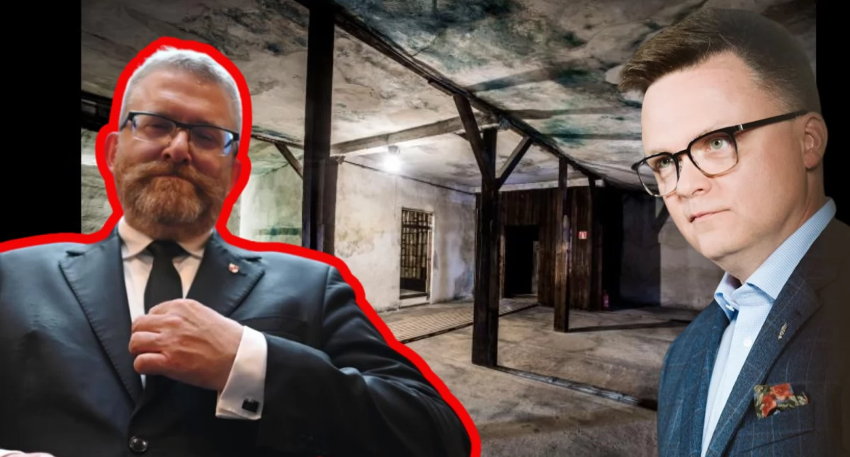 Grzegorz Braun na tle komory gazowej w obozie Auschwitz-Birkenau. Szymon Hołownia zapowiada dwie uchwały Sejmu 