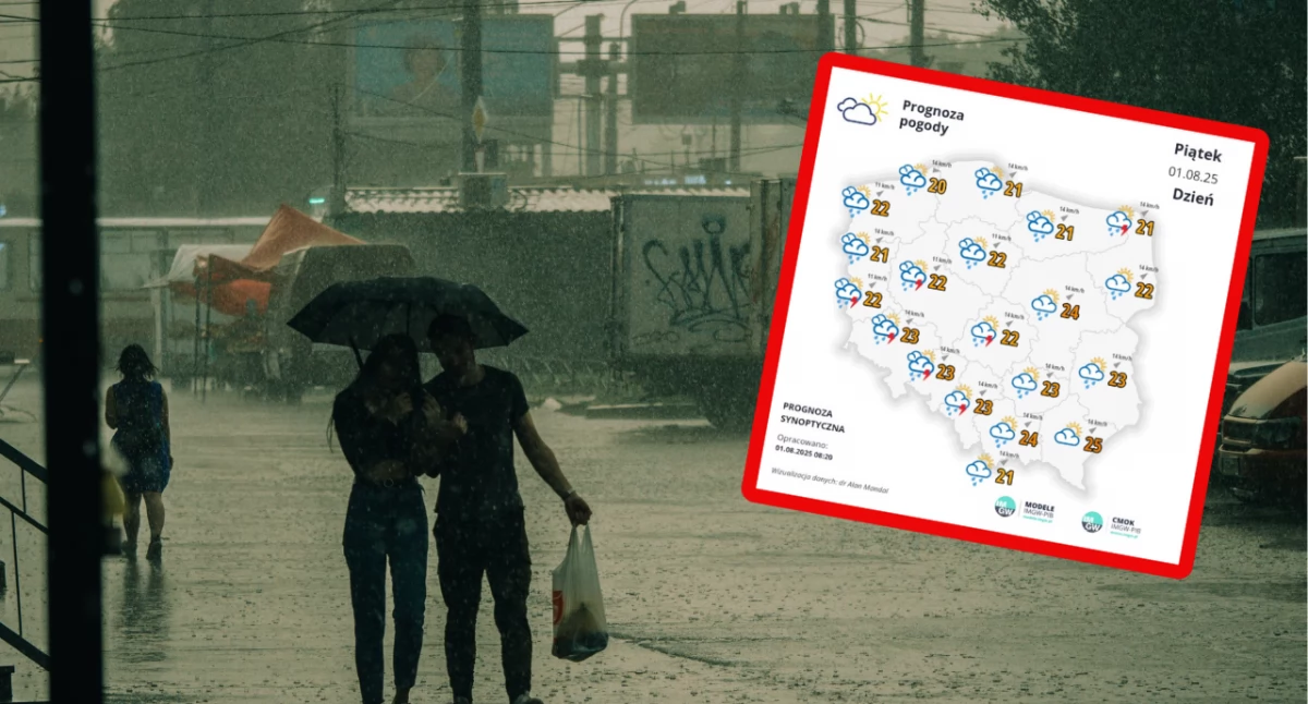 Zdjęcie mapy pogodowej w Polsce. IMGW wydało ostrzeżenia przed burzami i deszczem