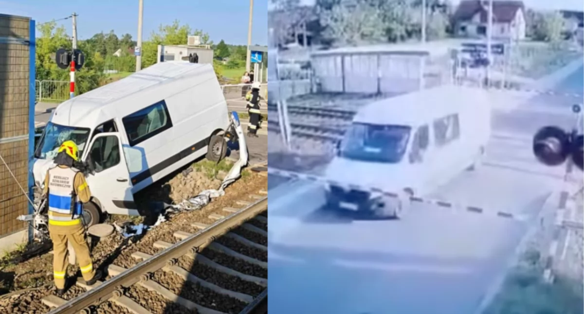 Zdjęcie z miejsca wypadku w miejscowości Wola Filipowska. Wypadek auta dostawczego na strzeżonym przejeździe kolejowym