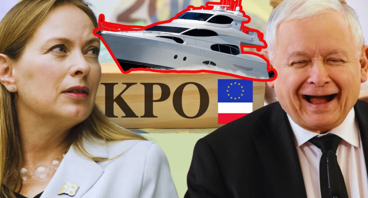 Katarzyna Pełczyńska-Nałęcz i Jarosław Kaczyński na tle logo KPO oraz jachtu zakupionego z dotacji Krajowego 