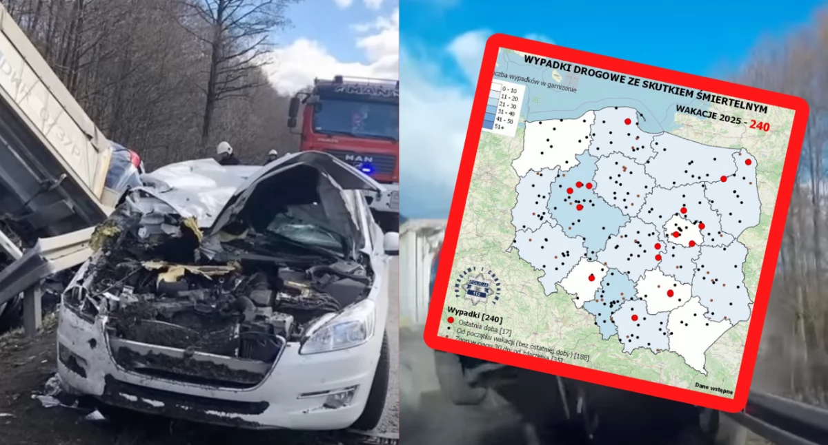 Wrak samochodu, który uległ wypadkowi drogowemu. Bilans ofiar w długi weekend
