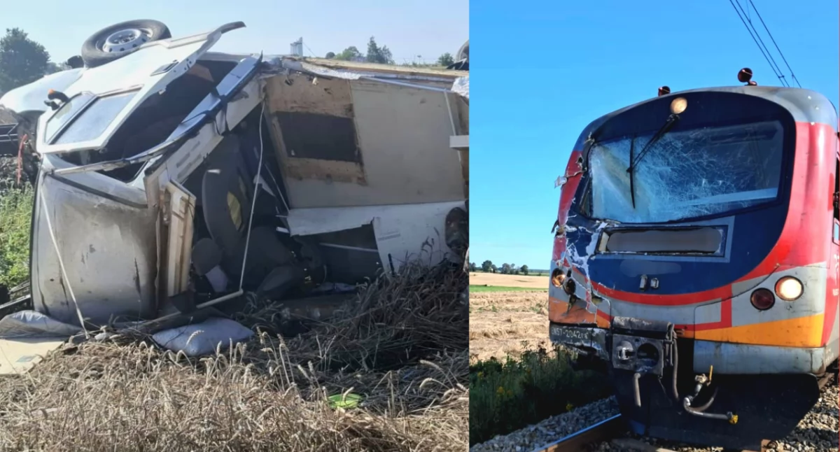 Zdjęcie z wypadku kampera w. Gronówku. Samochód wjechał pod nadjeżdżający pociąg 