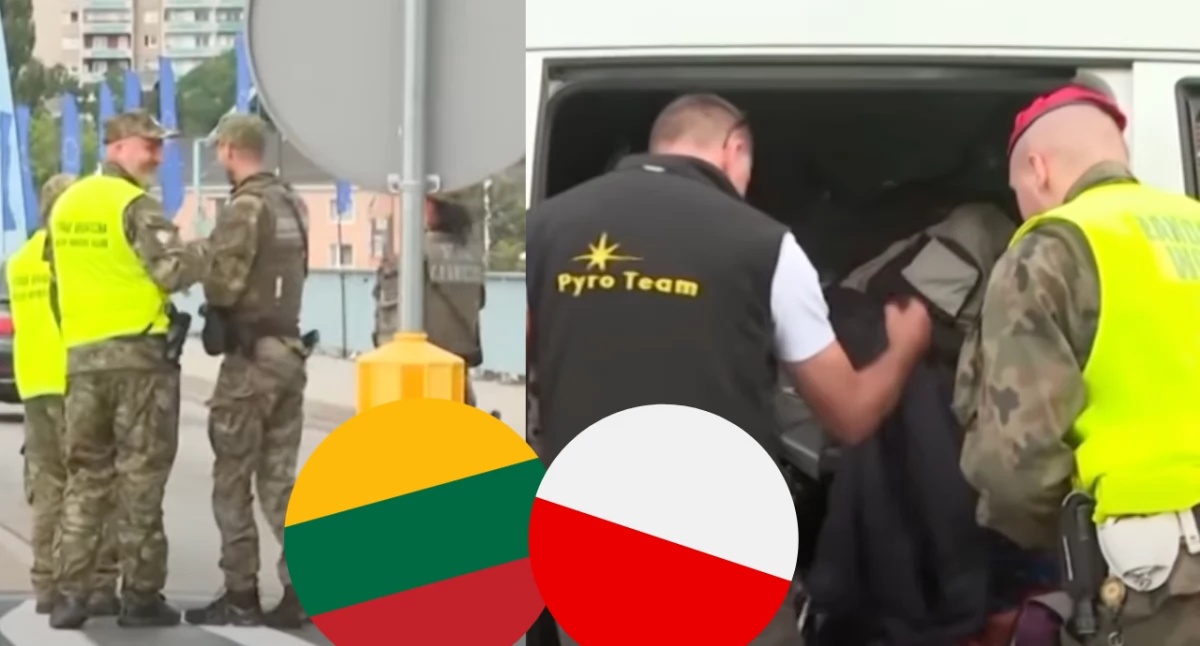 Straż Graniczna podczas dokonywania kontroli na granicy Polski z Litwą 
