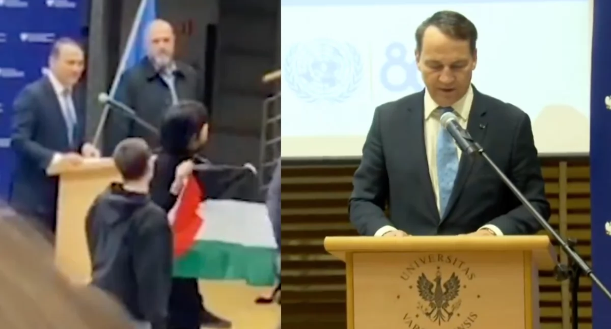 Wystąpienie Radosława Sikorskiego przerwane przez studentki z flagą Palestyny