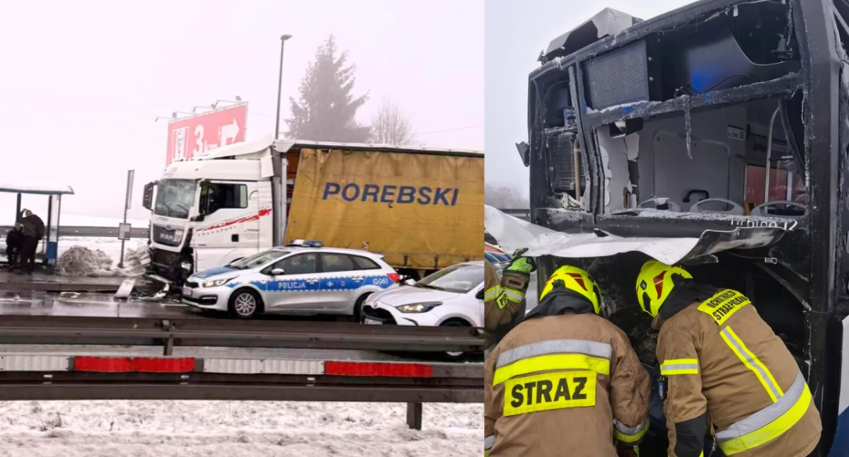 Wypadek na trasie Kraków–Mogilany. Zderzenie ciężarówki z autobusem 245