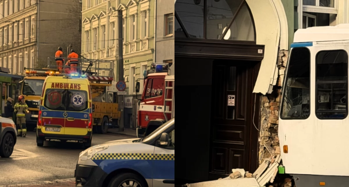 Wypadek tramwaju linii 11 w Szczecinie. Pojazd uderzył w budynek