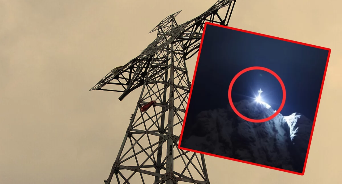 Zdjęcie oświetlonego krzyża na Giewoncie