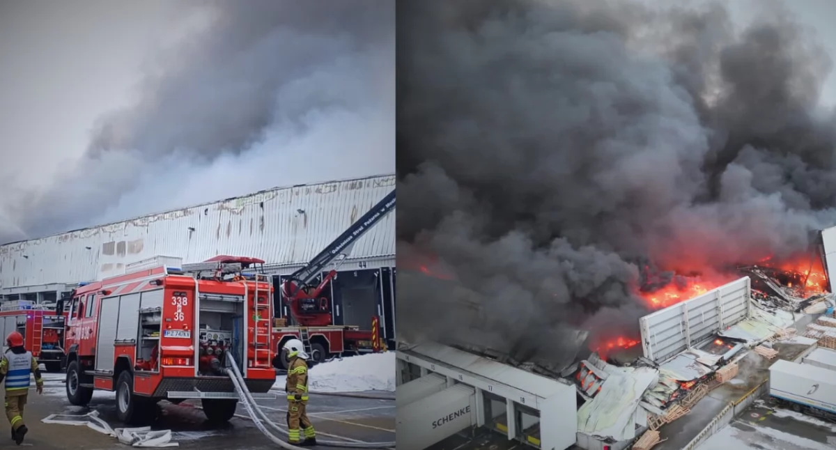 Wielkopolska: Pożar dużej hali magazynowej. Ponad 50 pojazdów PSP i OSP na miejscu